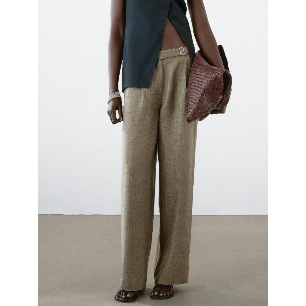 Massimo Dutti Womens Pants EU 42 US 10 Trousers Brown Pinstriped 5039/839 NWT